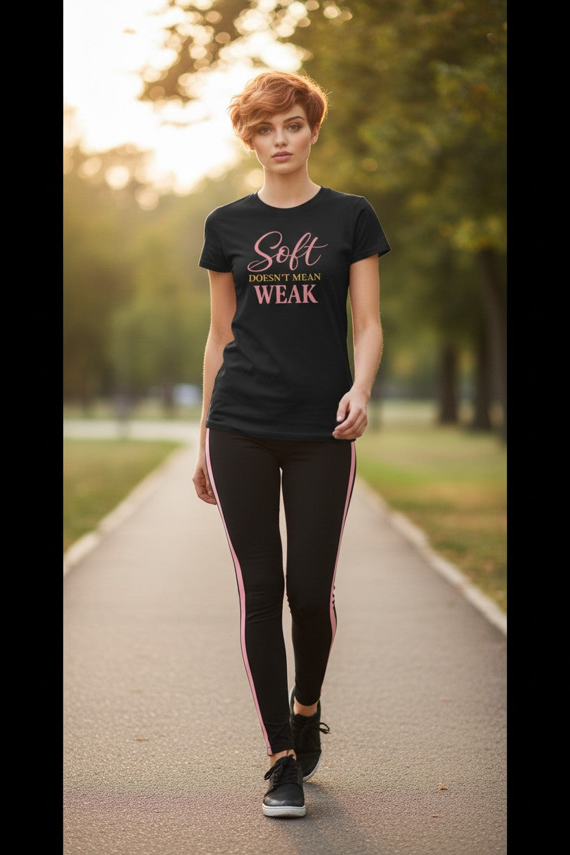 Woman walking on a path wearing a black t-shirt with 'Soft doesn't mean weak' text.