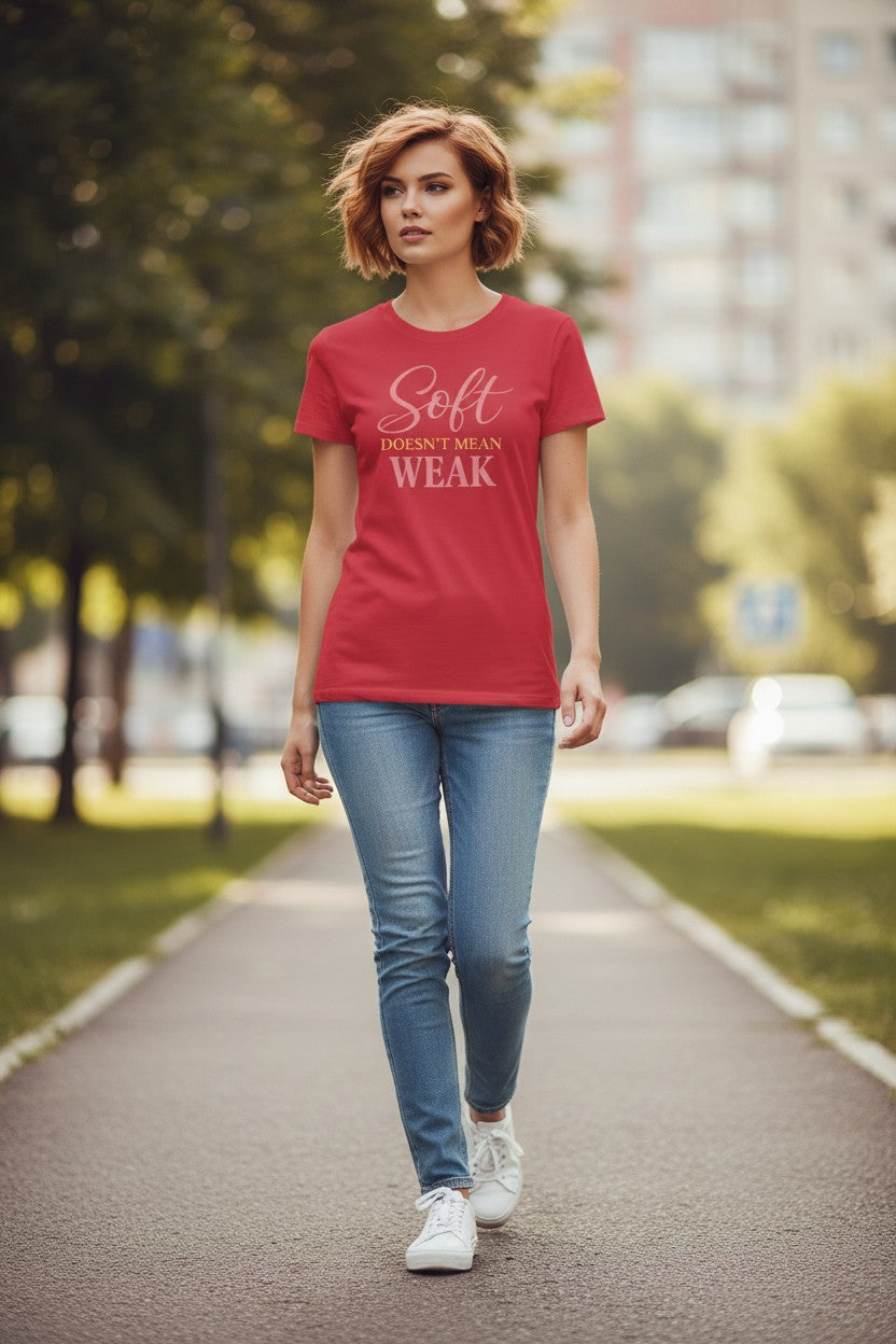 Woman wearing a red t-shirt with text walking on a path outdoors.