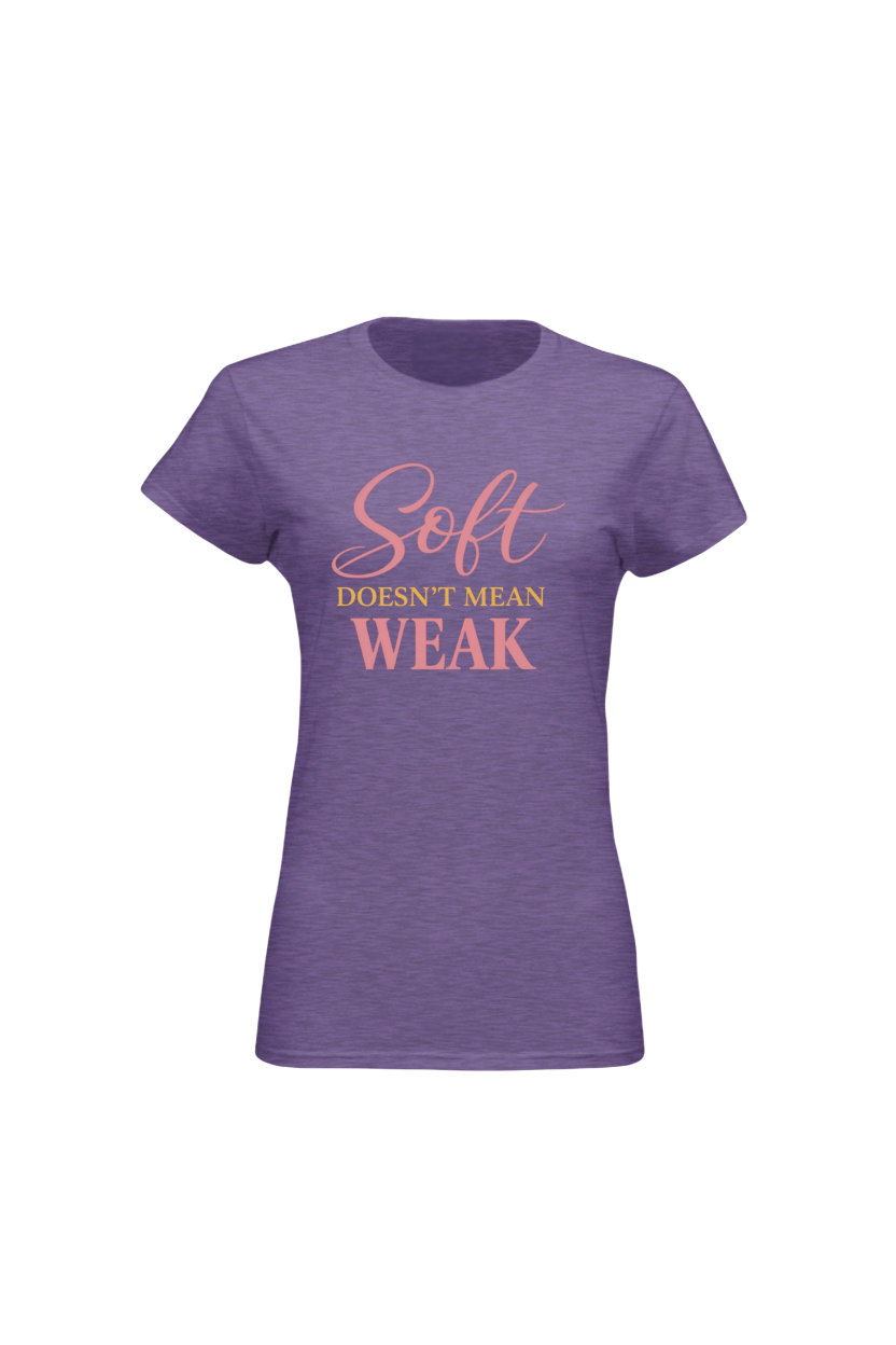 Purple t-shirt with 'Soft Doesn't Mean Weak' text on a white background