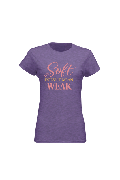 Purple t-shirt with 'Soft Doesn't Mean Weak' text on a white background