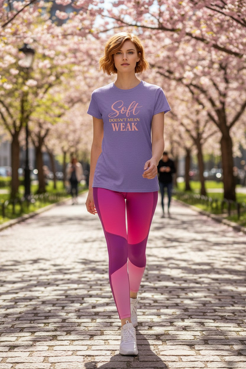 Woman walking on a path with cherry blossom trees in the background, wearing a purple t-shirt and pink leggings.