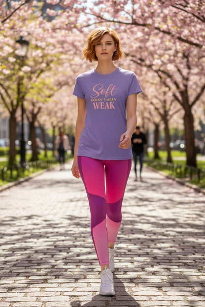 Woman walking on a path with cherry blossom trees in the background, wearing a purple t-shirt and pink leggings.