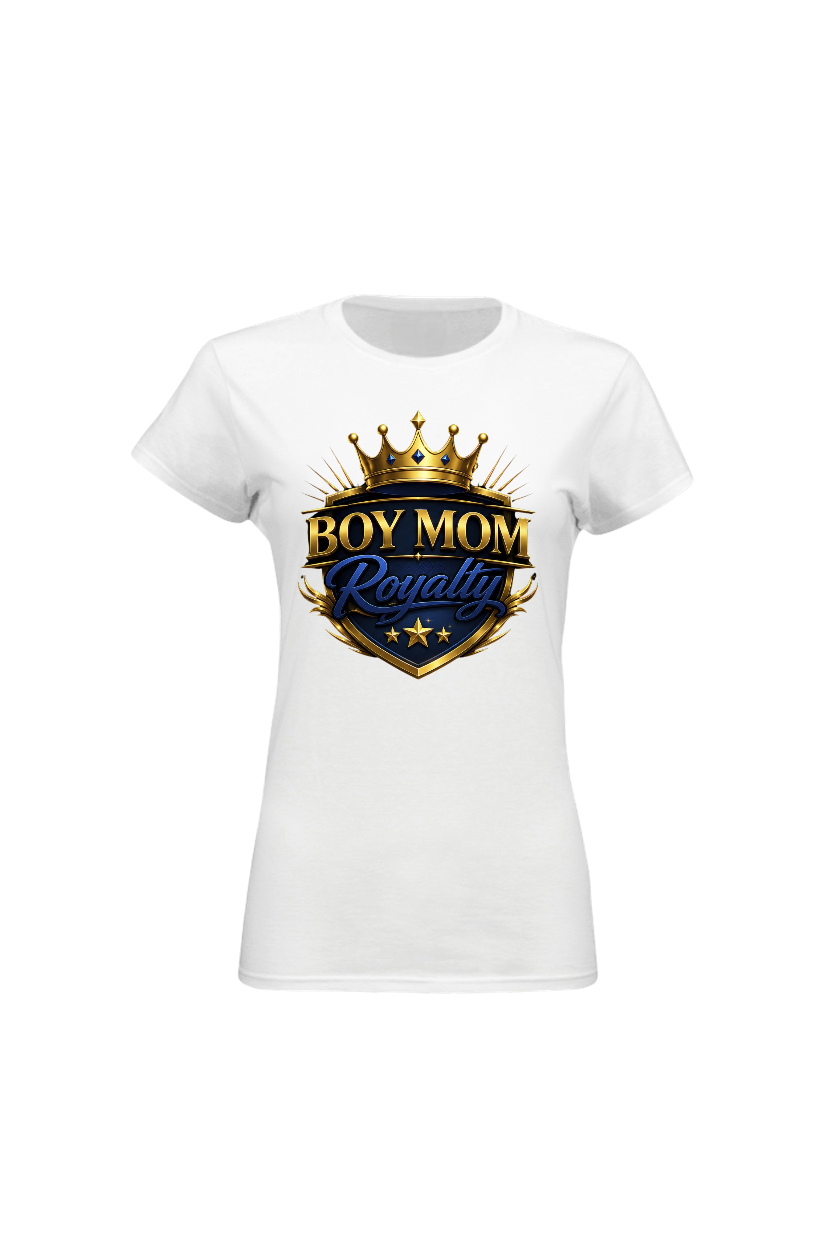 White t-shirt with 'Boy Mom Royalty' graphic design on a white background