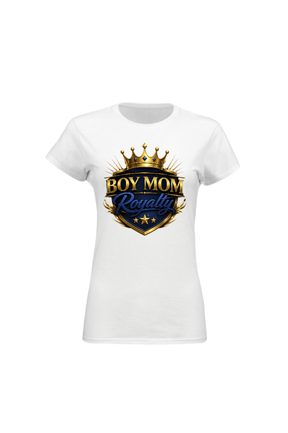 White t-shirt with 'Boy Mom Royalty' graphic design on a white background