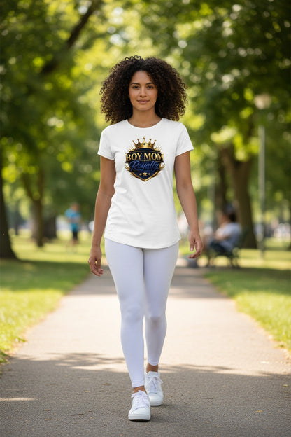 Woman walking outdoors wearing a white t-shirt with a logo and text.