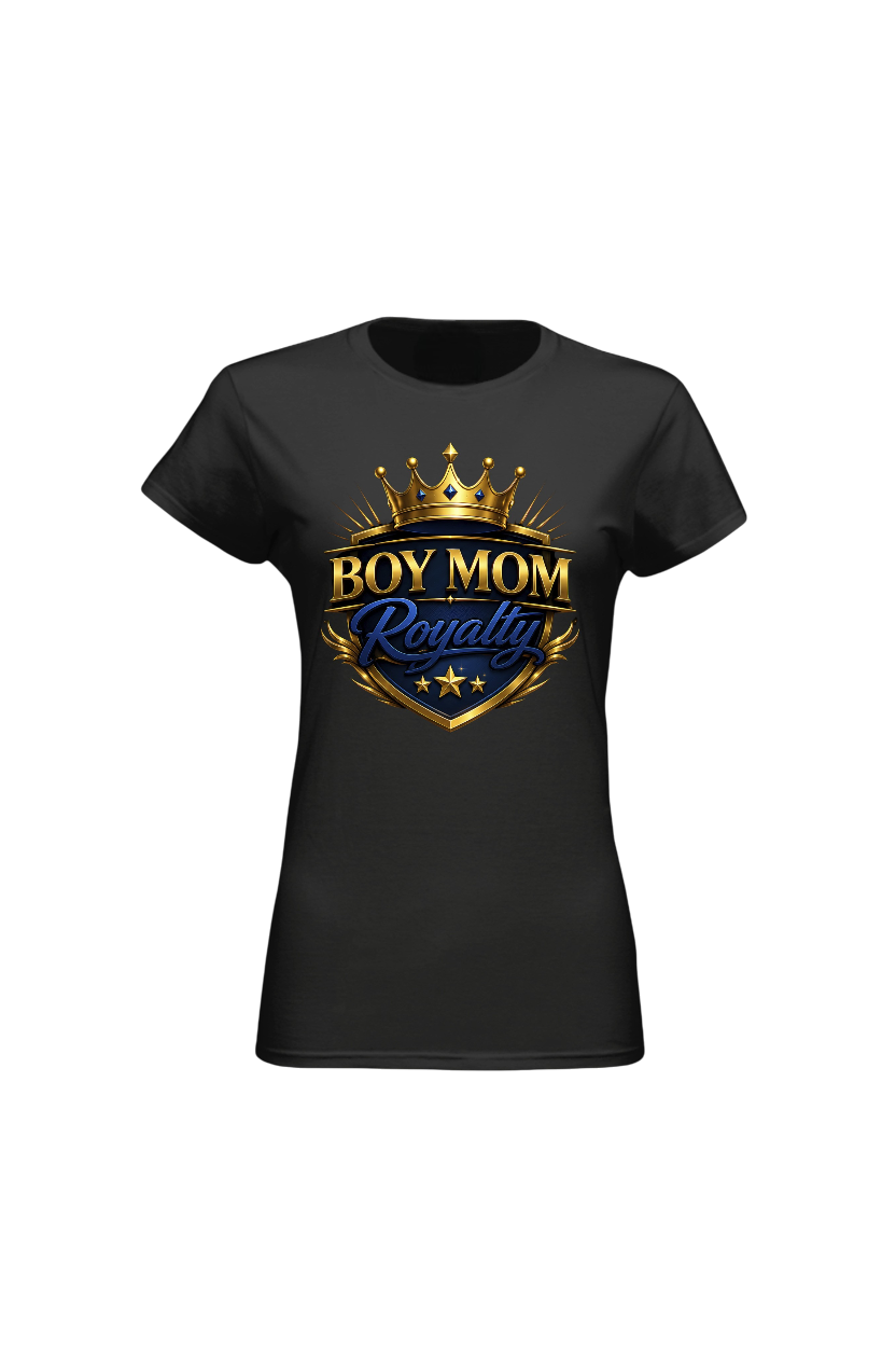 Black t-shirt with 'Boy Mom Royalty' graphic design on a white background