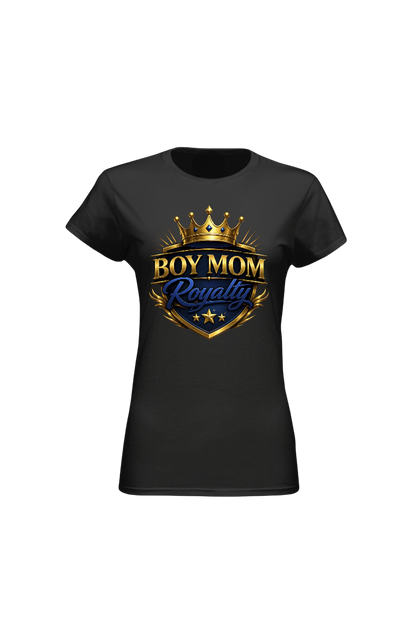 Black t-shirt with 'Boy Mom Royalty' graphic design on a white background