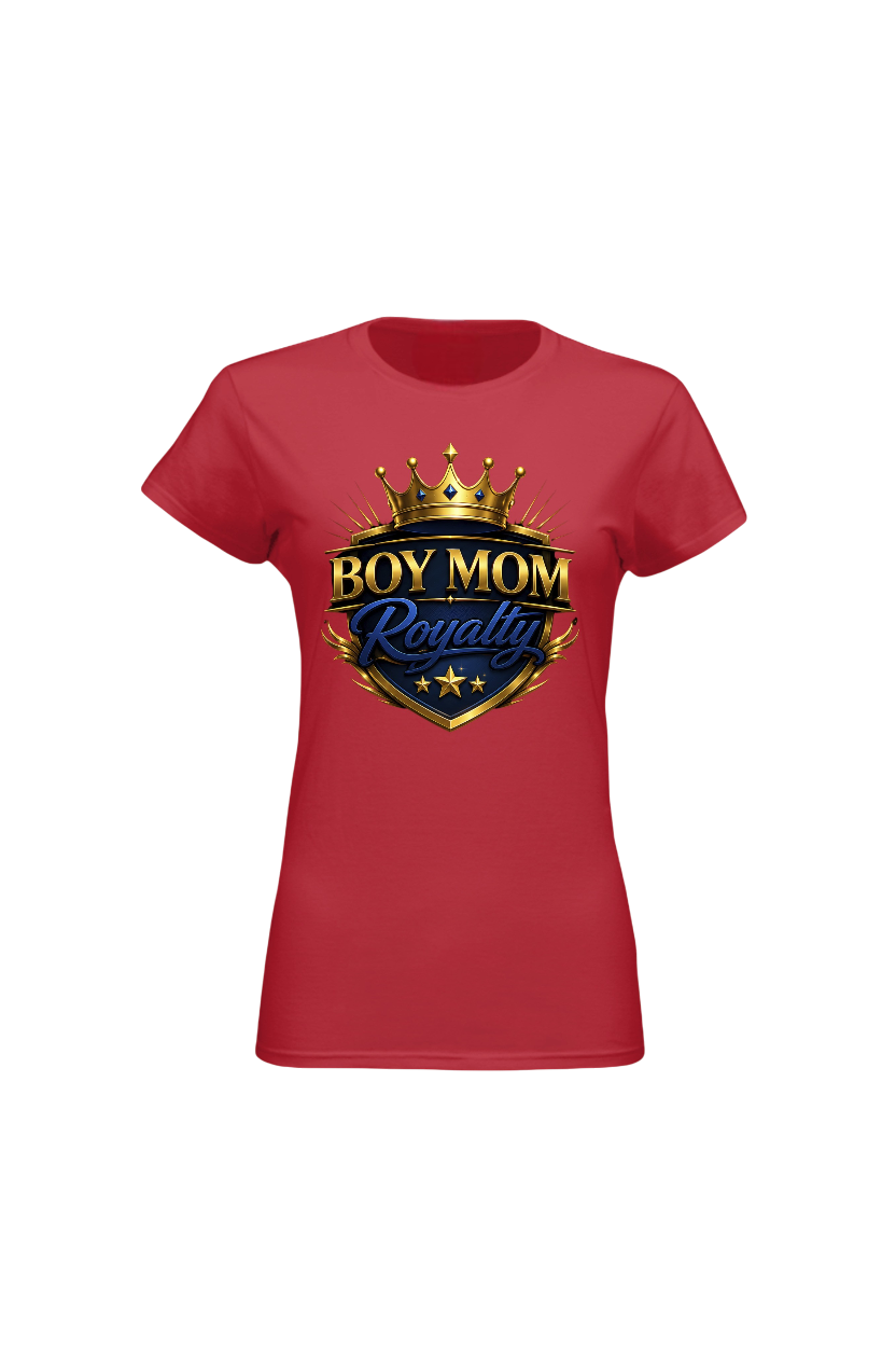 Red t-shirt with 'Boy Mom Royalty' graphic design on a white background