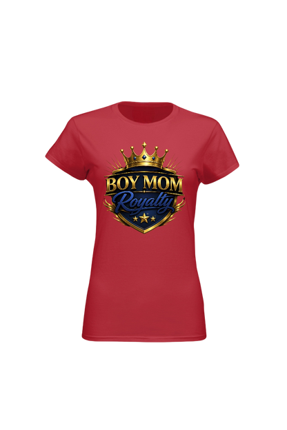 Red t-shirt with 'Boy Mom Royalty' graphic design on a white background