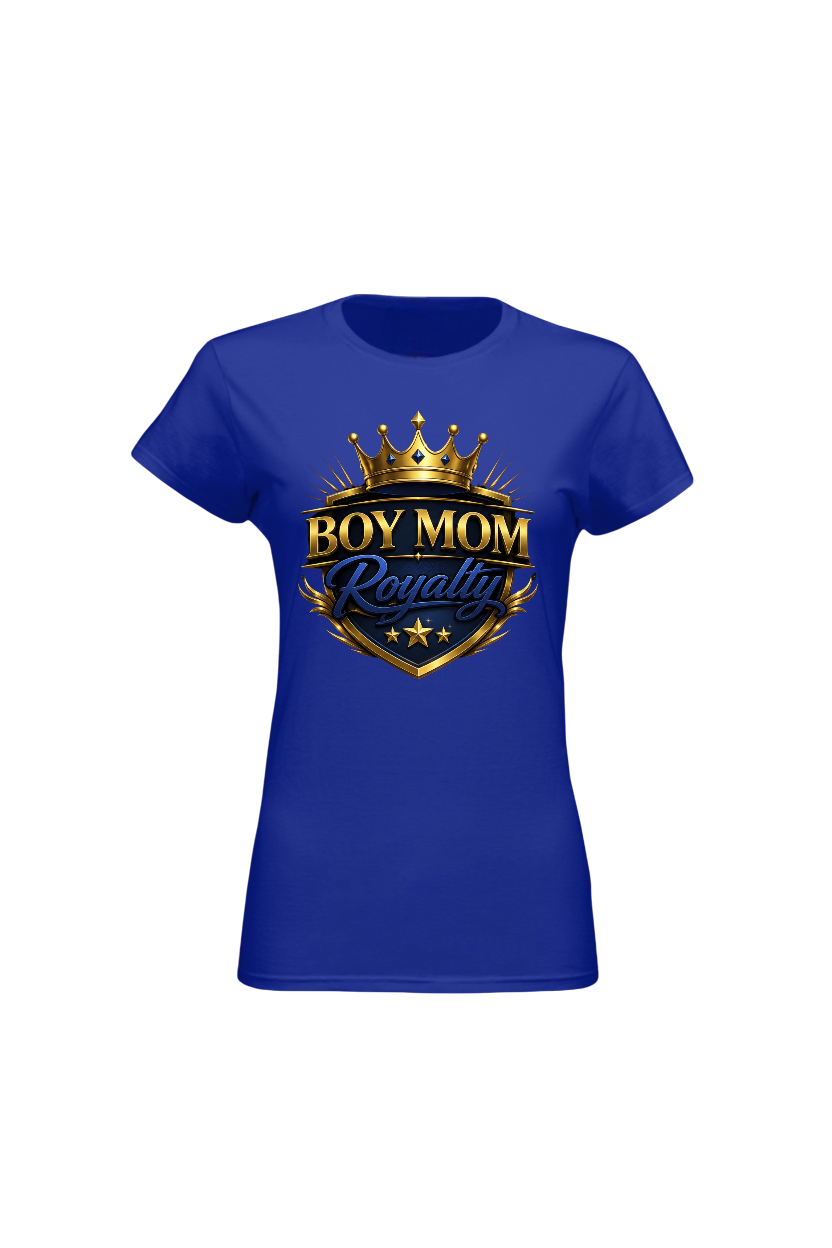 Blue t-shirt with 'Boy Mom Royalty' design on a white background