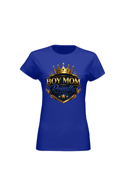 Blue t-shirt with 'Boy Mom Royalty' design on a white background