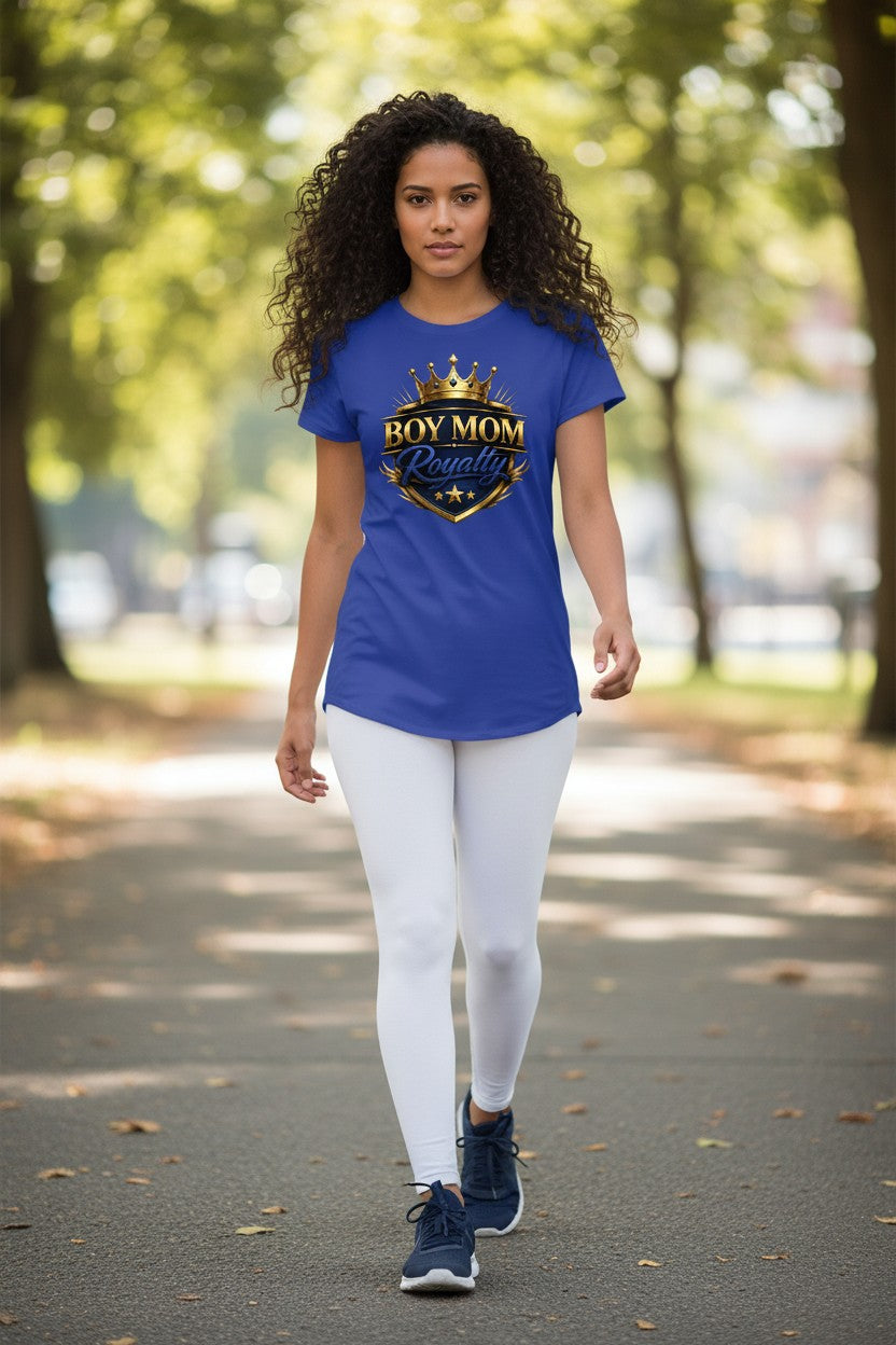 Woman wearing a blue t-shirt with 'Boy Mom' design outdoors