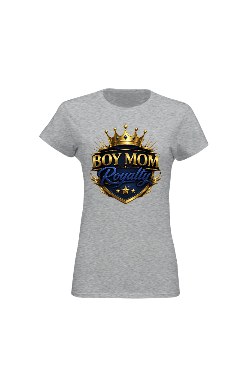 Gray t-shirt with 'Boy Mom Royalty' design on a white background