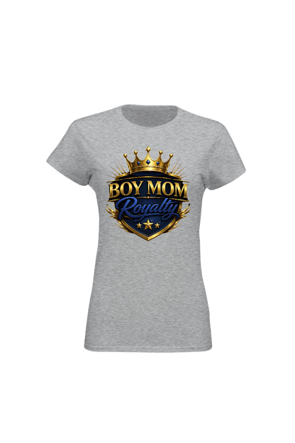 Gray t-shirt with 'Boy Mom Royalty' design on a white background