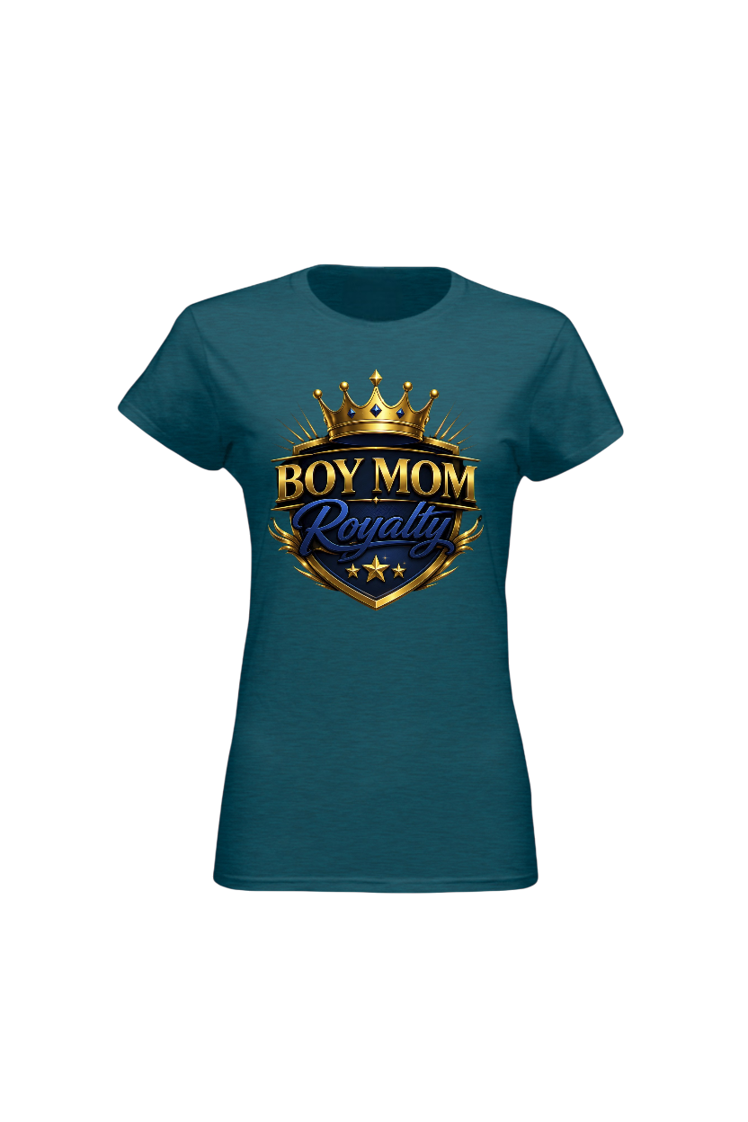 Teal t-shirt with 'Boy Mom Royalty' design on a white background