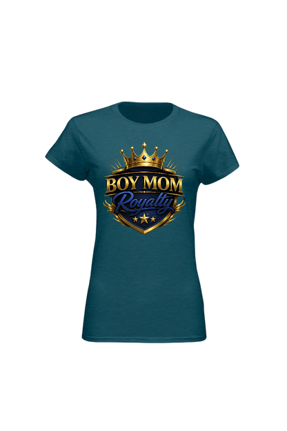 Teal t-shirt with 'Boy Mom Royalty' design on a white background