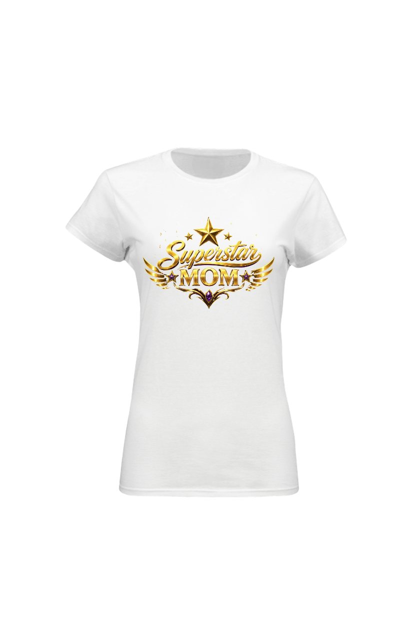 White t-shirt with 'Superstar Mom' text and star design on a white background