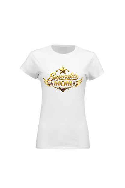 White t-shirt with 'Superstar Mom' text and star design on a white background