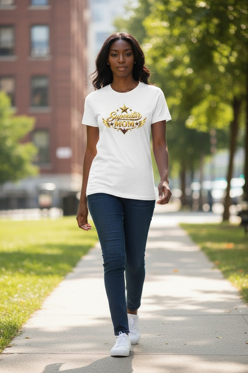 Woman walking on a sidewalk wearing a white t-shirt with text and graphics.