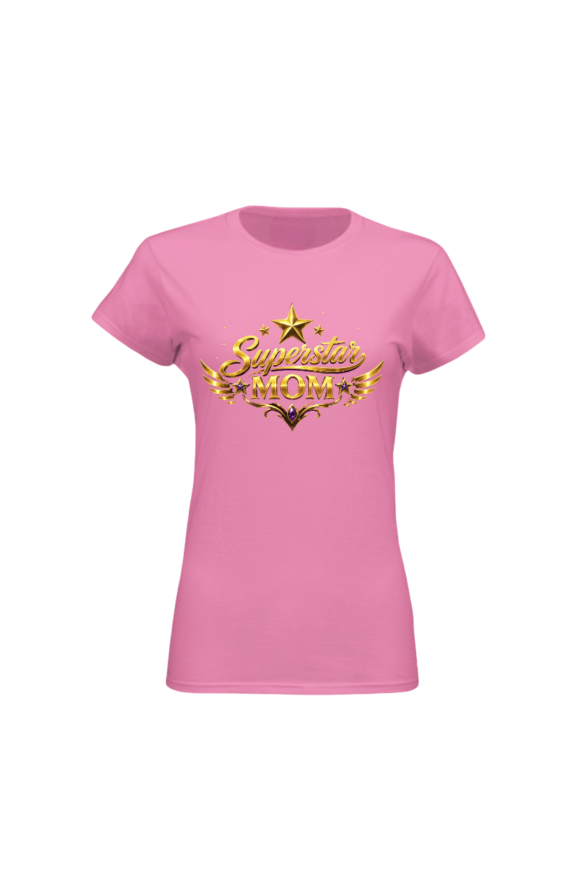 Pink t-shirt with 'Superstar Mom' text and star graphics on a white background