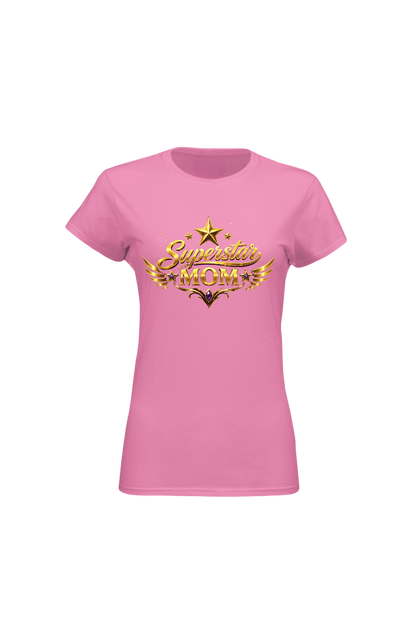 Pink t-shirt with 'Superstar Mom' text and star graphics on a white background