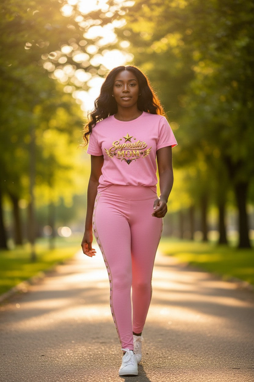 Woman in pink outfit walking on a sunlit path in a park