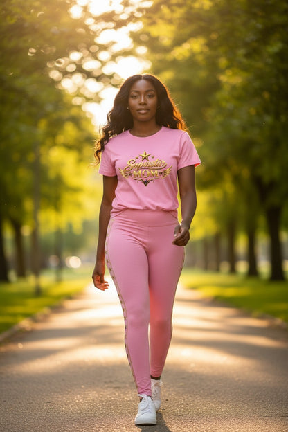 Woman in pink outfit walking on a sunlit path in a park