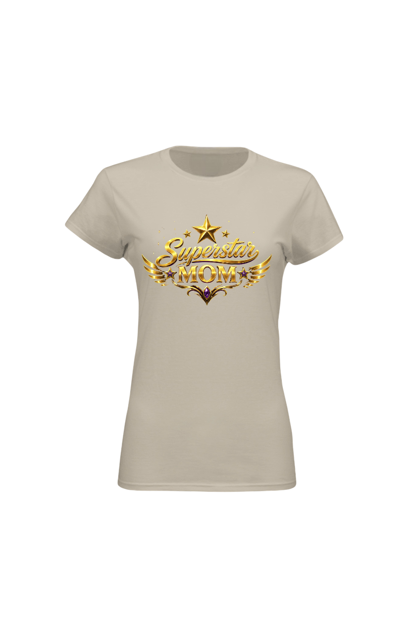 Beige t-shirt with 'Superstar Mom' text in gold on a white background