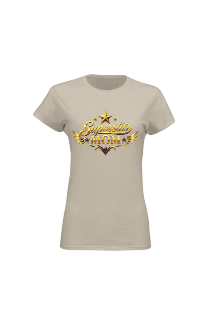 Beige t-shirt with 'Superstar Mom' text in gold on a white background