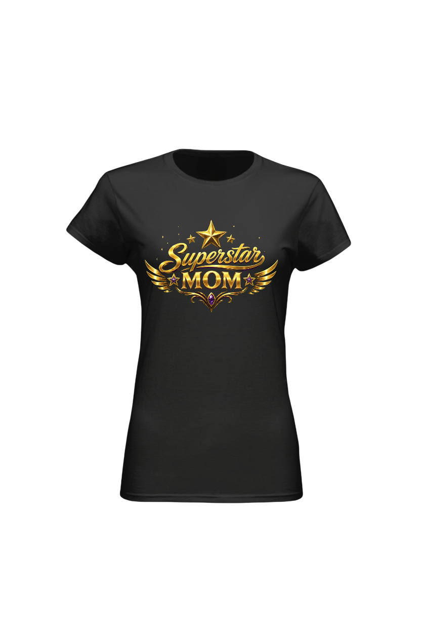 Black t-shirt with 'Superstar Mom' text and design on a white background