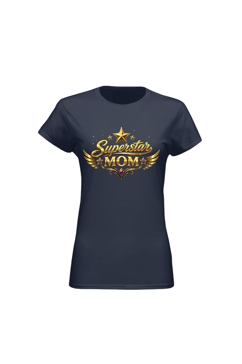 Navy blue t-shirt with 'Superstar Mom' text and design on a white background