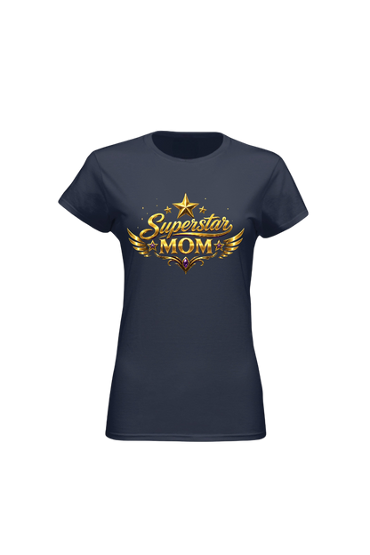 Navy blue t-shirt with 'Superstar Mom' text and design on a white background