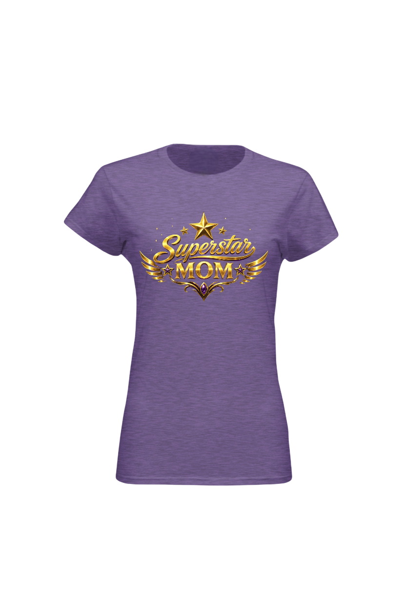 Purple t-shirt with 'Superstar Mom' text and design on a white background