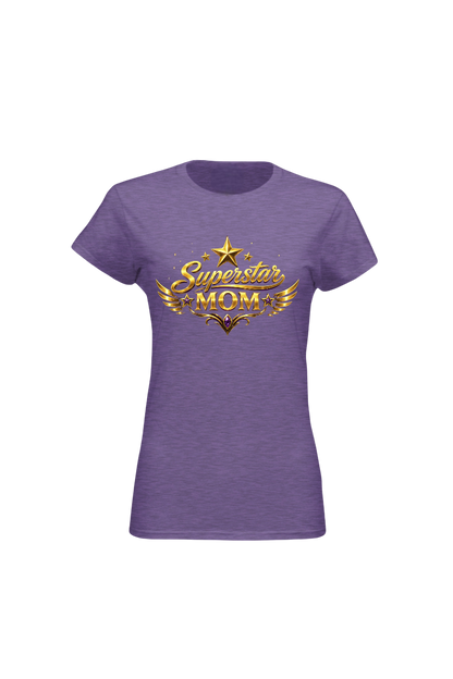 Purple t-shirt with 'Superstar Mom' text and design on a white background