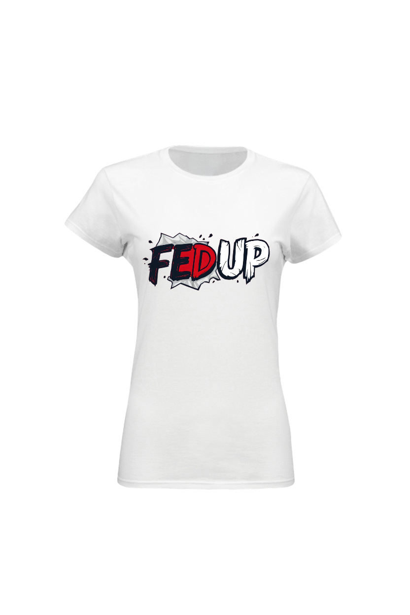 White t-shirt with 'FED UP' graphic design on a white background