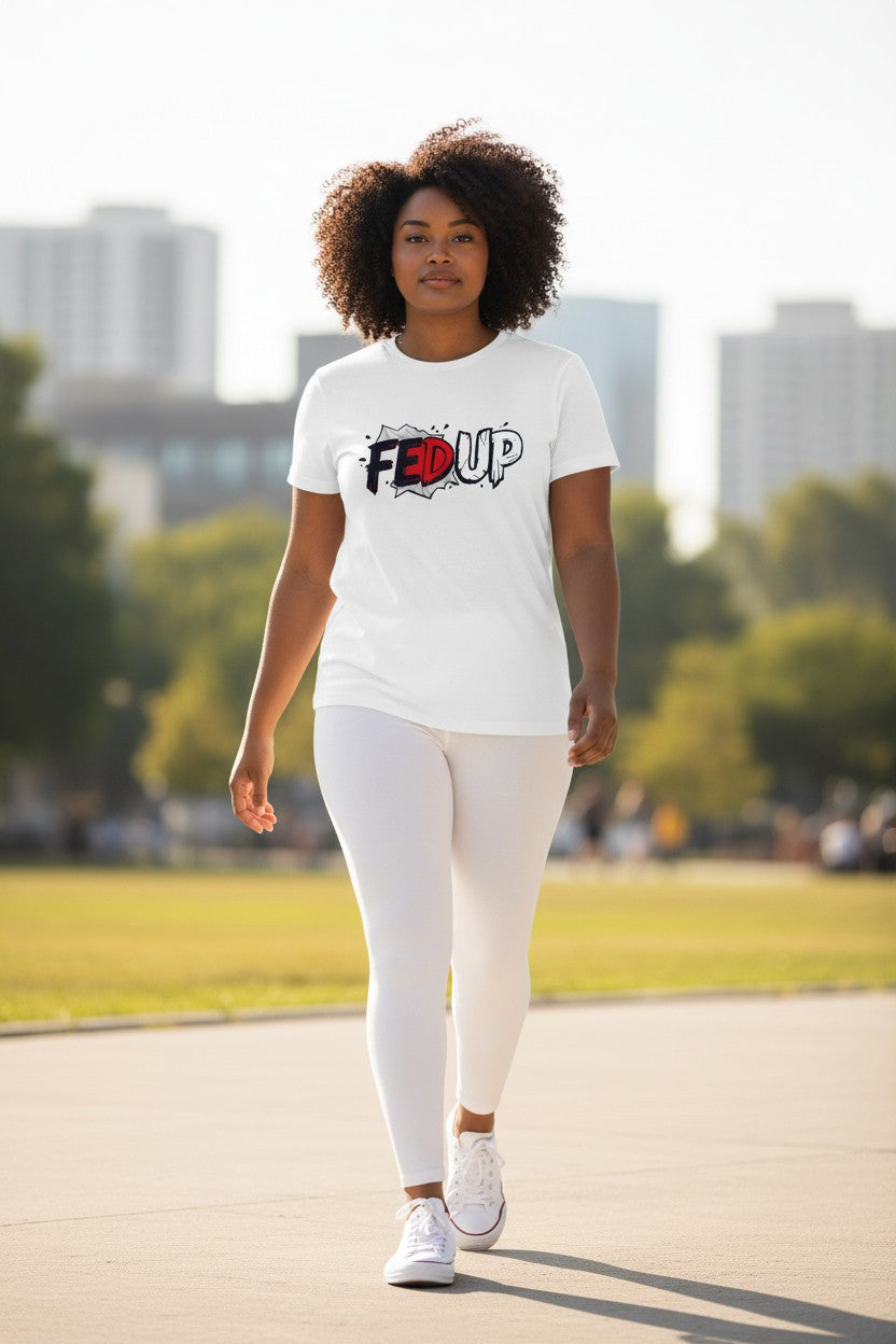 Woman wearing a white t-shirt with a logo and text, walking outdoors with trees and buildings in the background.