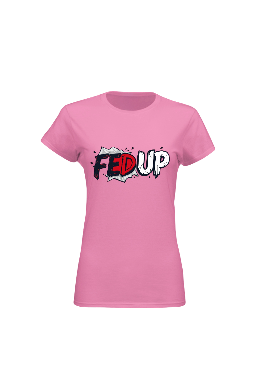 Pink t-shirt with 'FED UP' graphic design on a white background