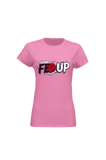 Pink t-shirt with 'FED UP' graphic design on a white background