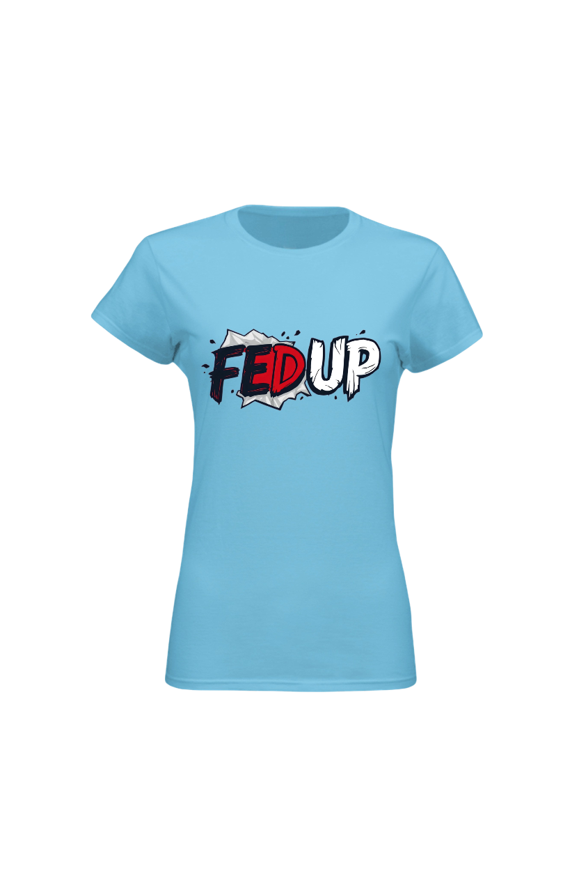 Light blue t-shirt with 'FED UP' graphic design on a white background
