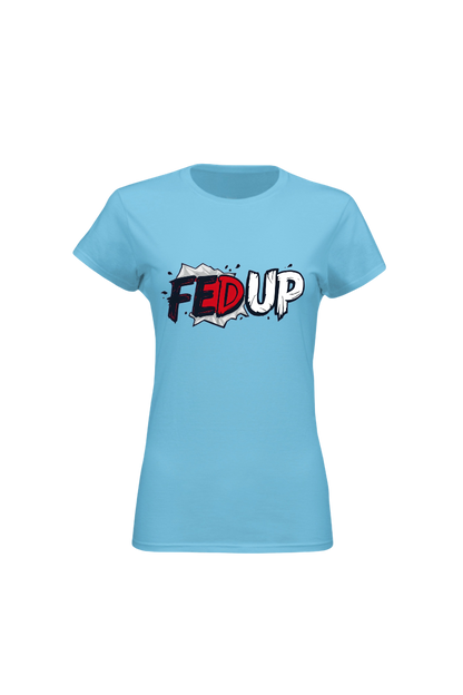 Light blue t-shirt with 'FED UP' graphic design on a white background