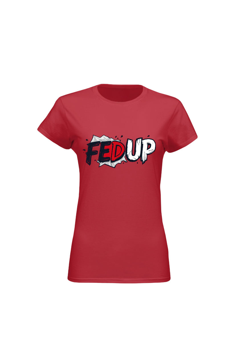 Red t-shirt with 'FEED UP' text design on a white background