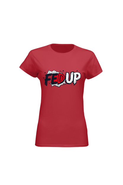 Red t-shirt with 'FEED UP' text design on a white background
