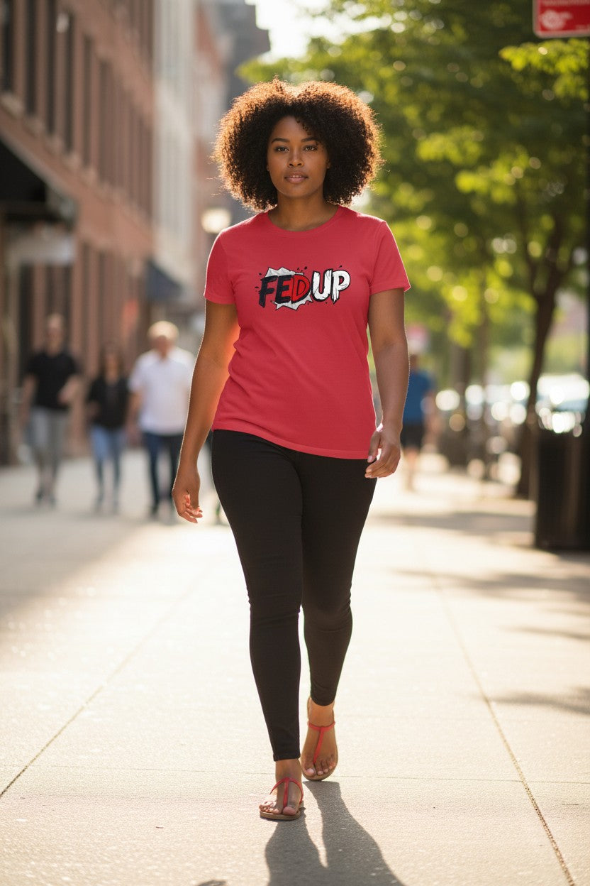 Woman walking on a sidewalk wearing a red t-shirt with a graphic design.