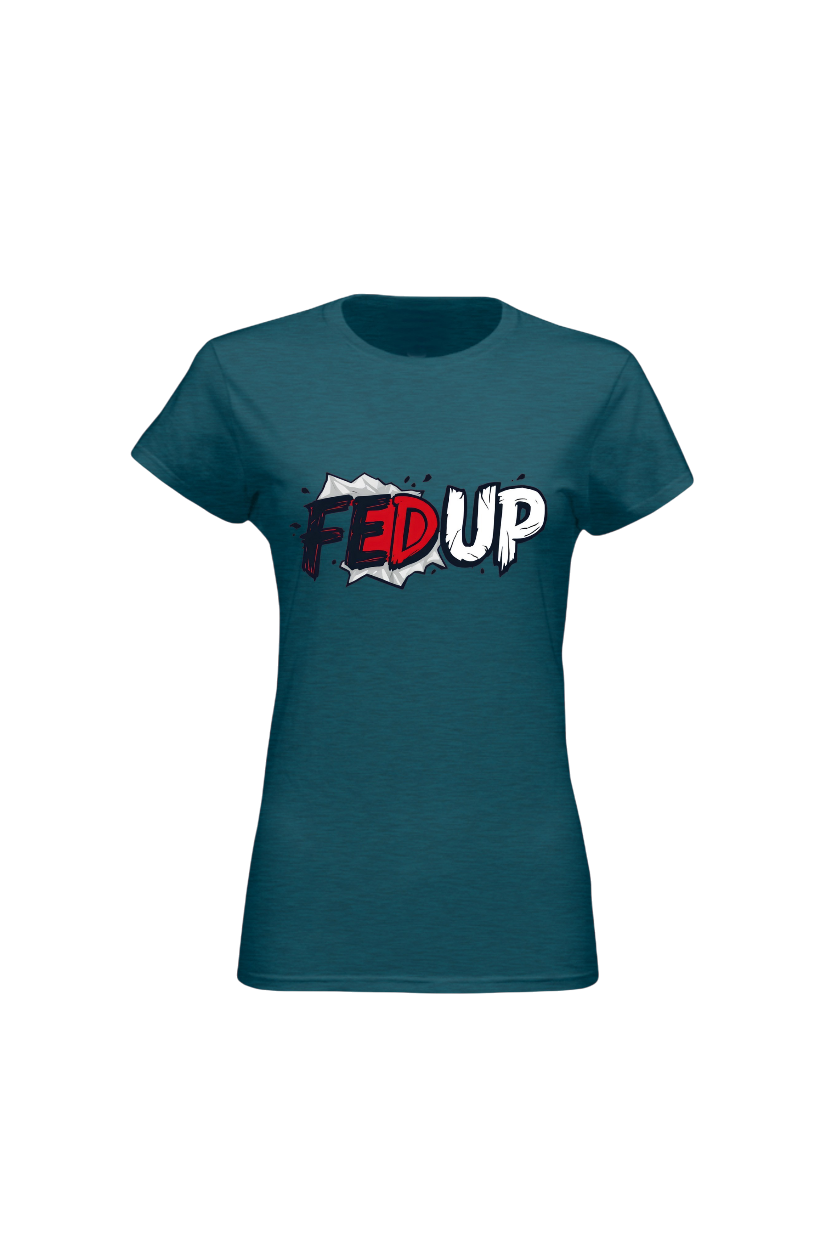 Teal t-shirt with 'FED UP' graphic design on a white background