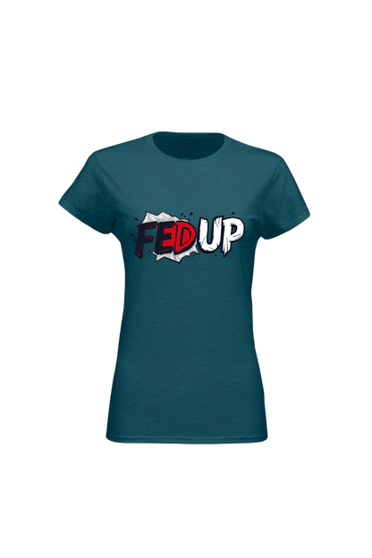 Teal t-shirt with 'FED UP' graphic design on a white background