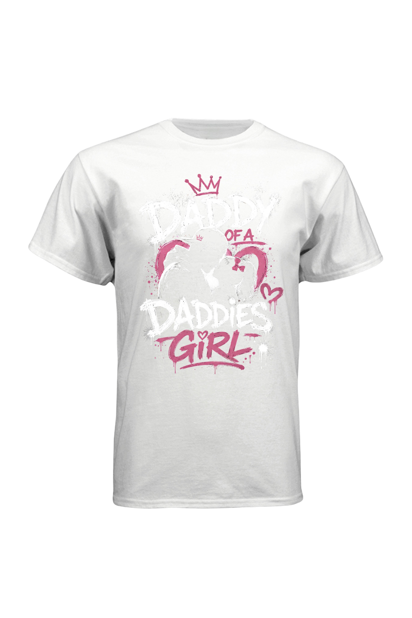 White t-shirt with pink and red graphics and text on a white background