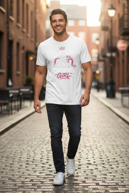 Man walking down a street wearing a white t-shirt with graphic design