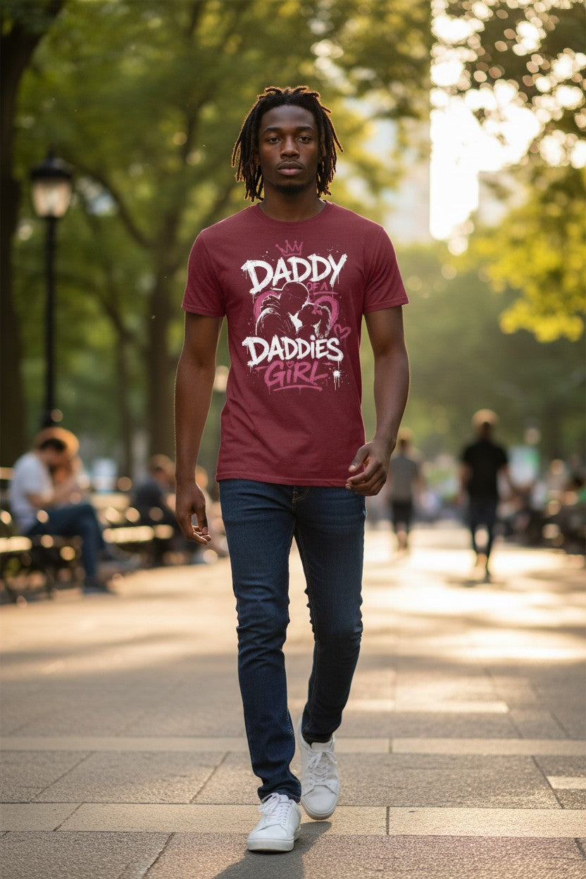 Person wearing a red t-shirt with 'Daddy' and 'Daddies Girl' text in an outdoor setting.