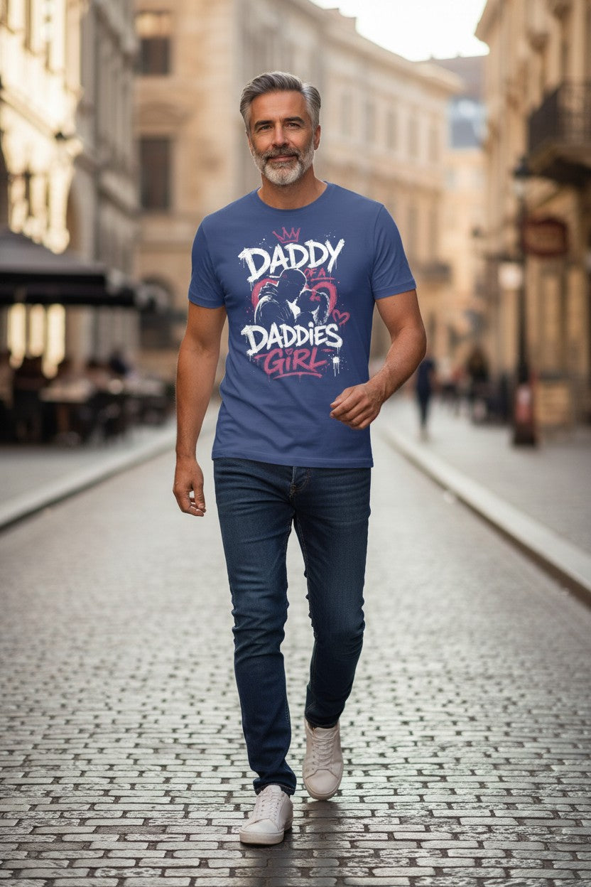 Man walking on a street wearing a blue t-shirt with 'Daddy' and 'Daddies Girl' text.