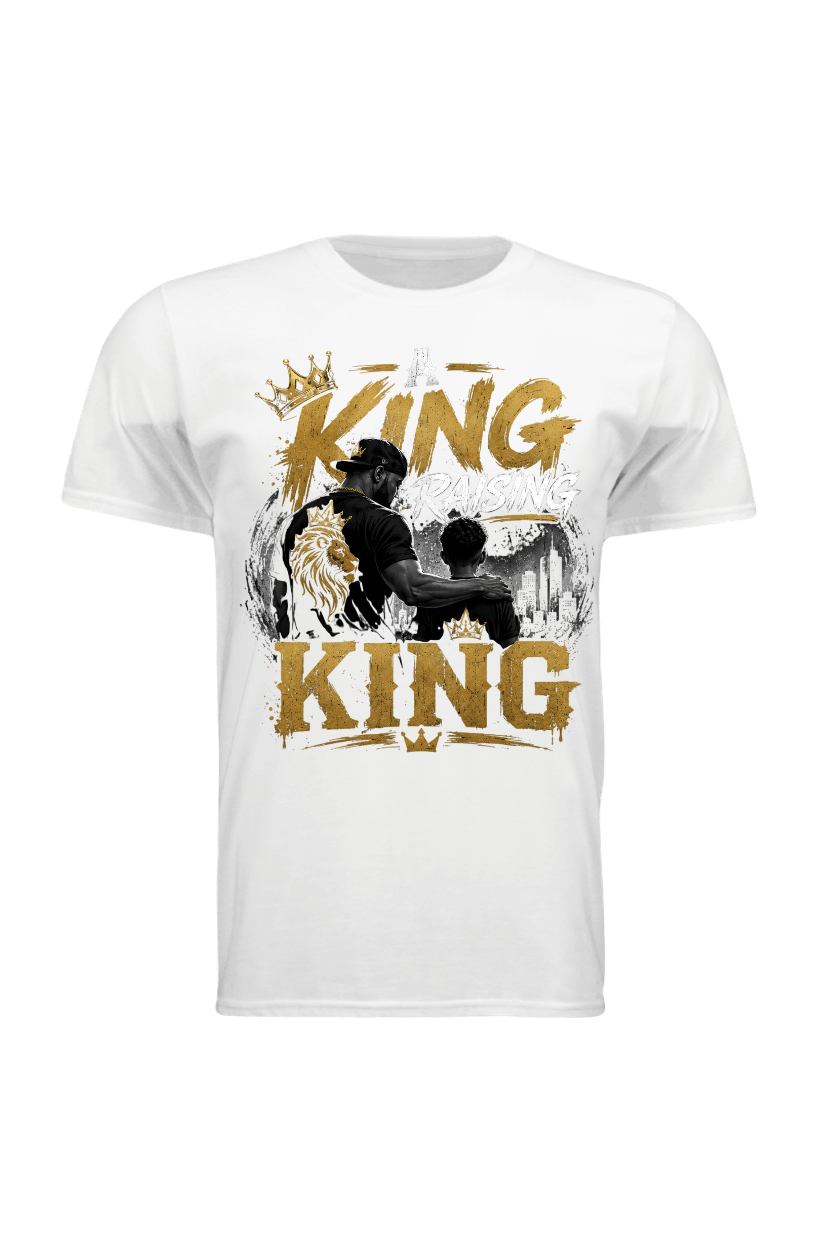White t-shirt with graphic design of a silhouette and 'King' text on a white background